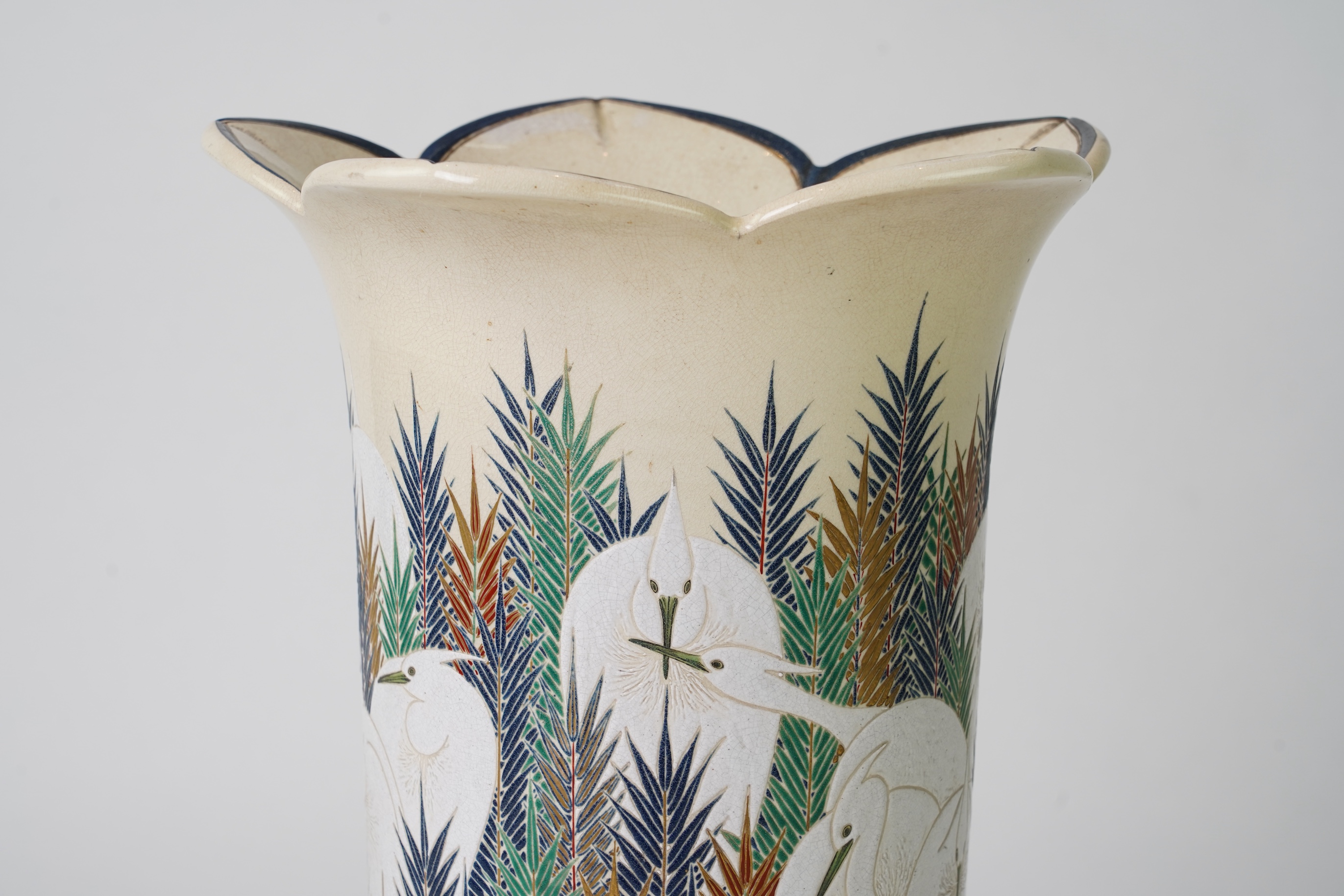 An exhibition size Japanese Satsuma ‘egrets’ vase, Meiji period, signed Tansai